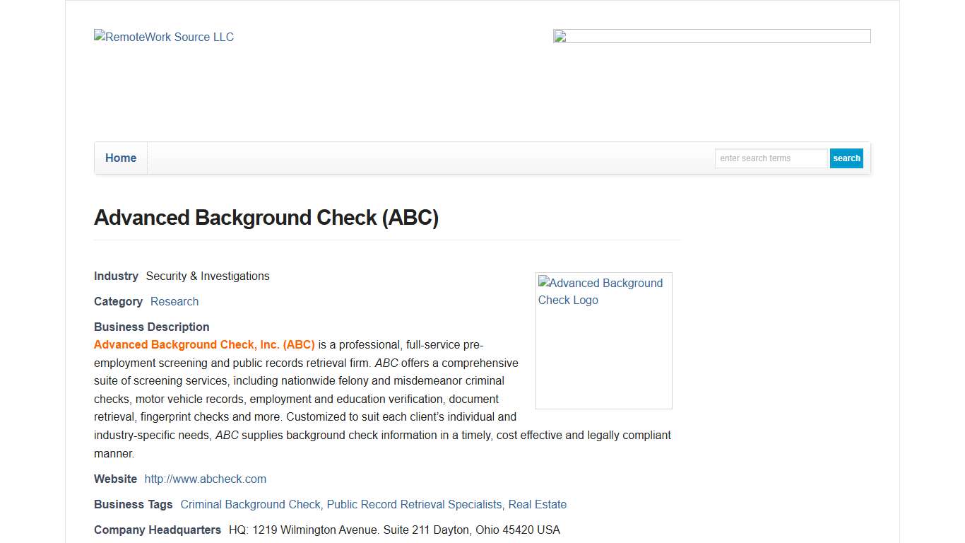 Advanced Background Check (ABC) - RemoteWork Source LLC : RemoteWork Source LLC